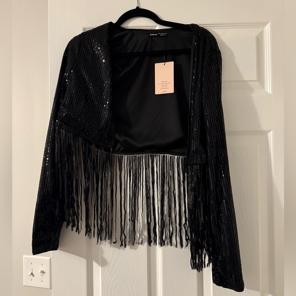Black Sequin Fringe Open Front Cardigan NWT